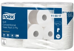 Toalettpapír, T4 rendszer, 3 rétegű, 12 cm átmérő, Premium, TORK "Soft", fehér